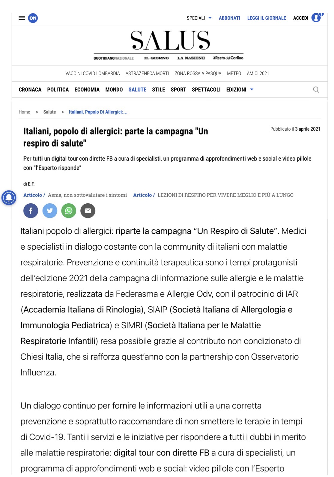 Italiani, popolo di allergici/ parte la campagna "Un respiro di salute" - Salute - ilgiorno.it